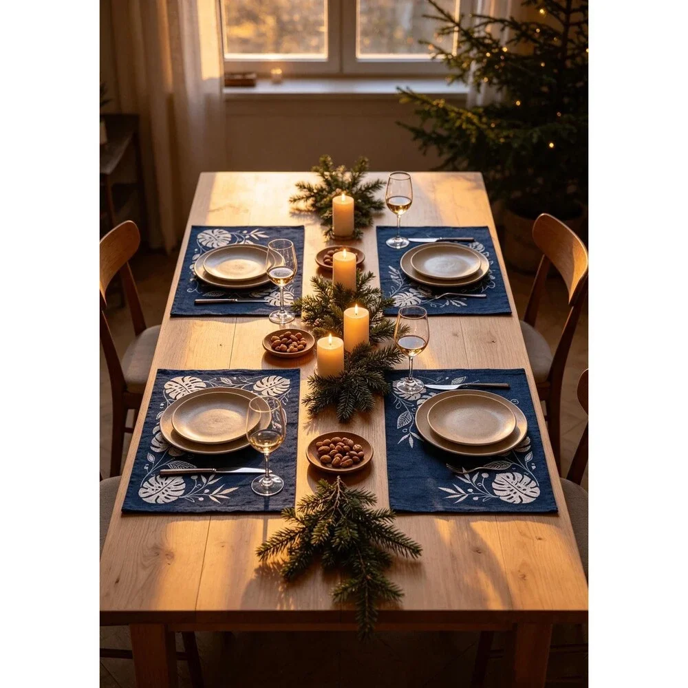 Handmade Indigo Batik Monstera Placemats, Botanical Table Mats, Kitchen Dining